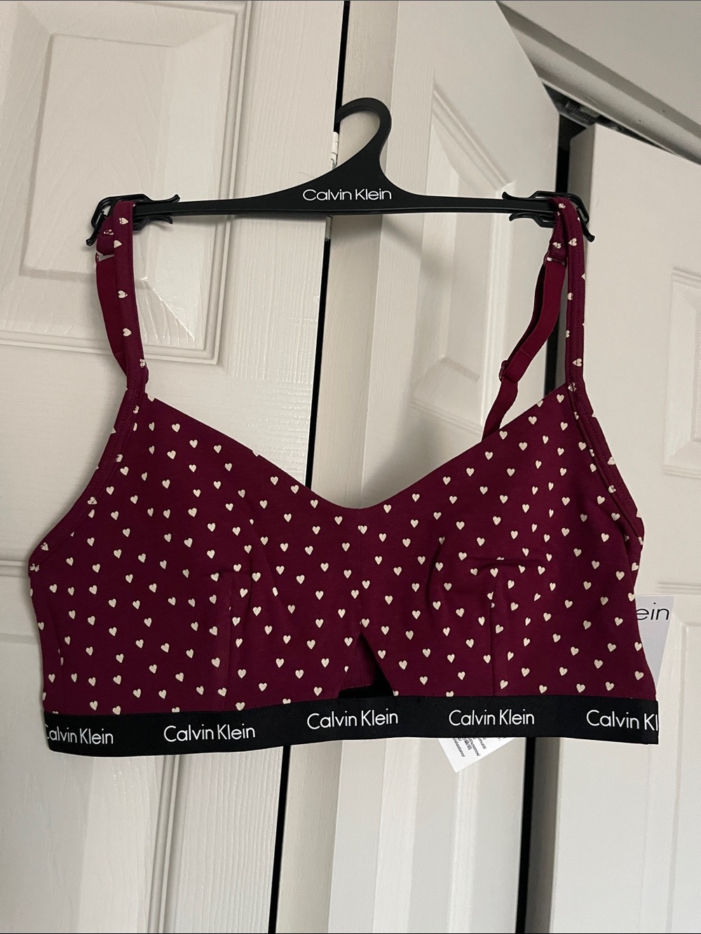 Calvin Klein Burgundy Heart-Print Bralette with Logo Band